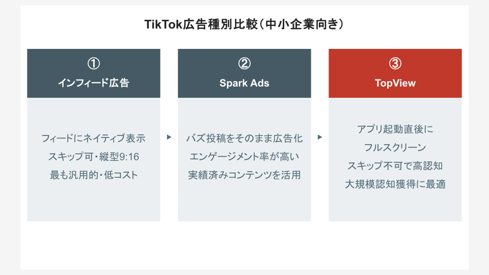 TikTok広告種別比較：インフィード / Spark Ads / TopView 